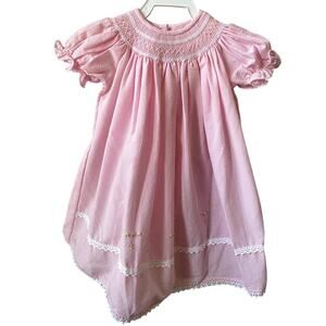 Vintage Will'beth Fancy Smocked Pink Bishop Style Infant Embroidered Dress Sz 6M